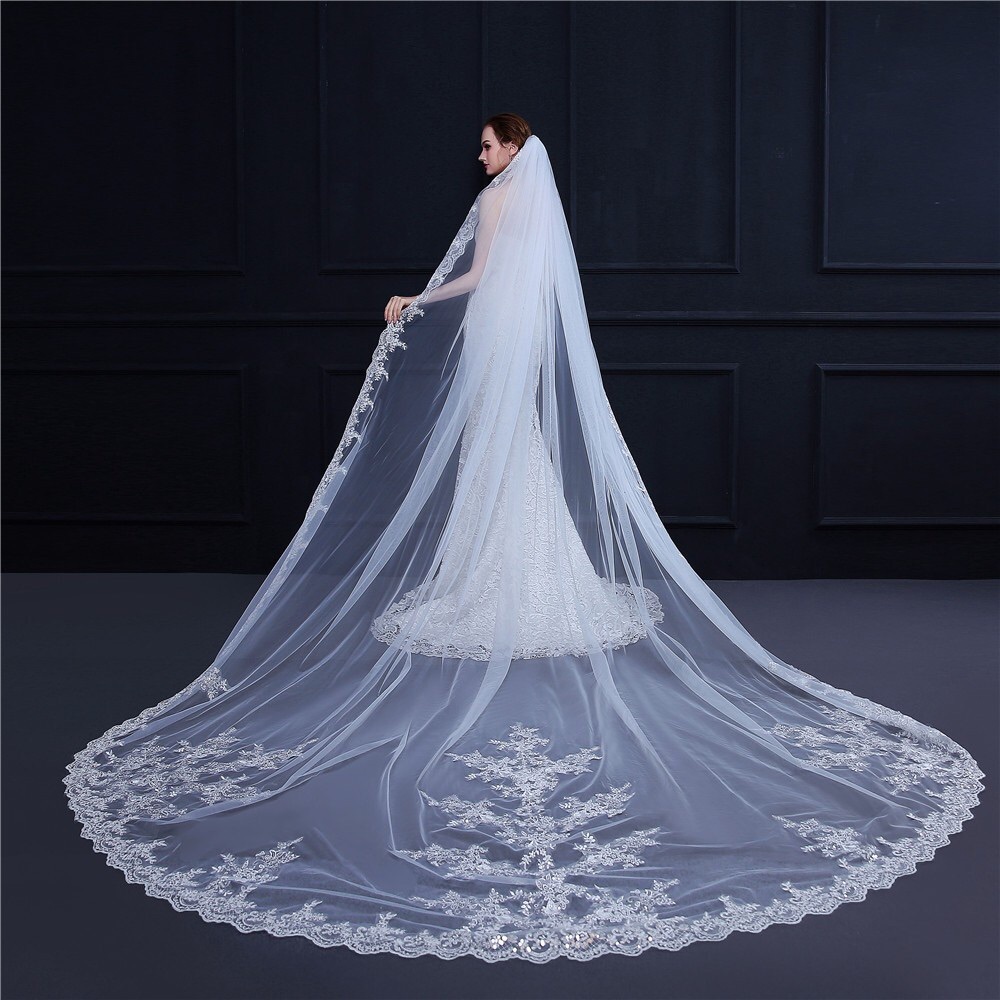 3.5M Royal Cathedral Bridal Veil 1 Tier Lace Edge Extra Long Train